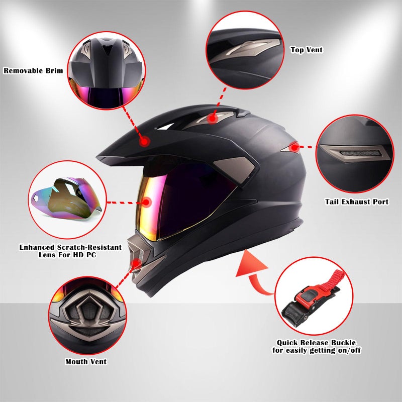 1Storm Dual Sport Helmet Motorcycle Full Face Motocross Off Road Bike Matt Black HGXP14A - Image 3